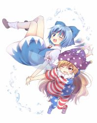 Rule 34 | 2girls, american flag, american flag legwear, blonde hair, blue bow, blue dress, blue eyes, blue hair, blush, bow, brown footwear, cirno, clownpiece, colorized, commentary request, daidaiiro, dress, hair bow, holding hands, hat, highres, ice, ice wings, irone (miyamiya38), jester cap, long hair, multiple girls, neck ruff, nemokakkoii, one eye closed, open mouth, outstretched arm, pantyhose, polka dot, puffy short sleeves, puffy sleeves, red ribbon, ribbon, shoes, short hair, short sleeves, simple background, smile, socks, star (symbol), star print, striped, teeth, touhou, very long hair, water, water drop, white background, white legwear, wings