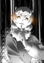 Rule 34 | 10s, 1girl, animal ears, aura, black-tailed prairie dog (kemono friends), commentary, dark aura, evil smile, finger to mouth, fur collar, glowing, glowing eyes, greyscale, halftone, highres, kaya (nari1-24), kemono friends, long sleeves, looking at viewer, monochrome, orange eyes, pointing, pointing up, short hair, shushing, smile, solo, standing, upper body, yellow eyes