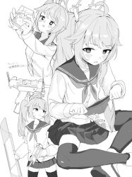 Rule 34 | + +, 1girl, ahoge, blue archive, blush, cardigan, drink, greyscale, gun, halo, holding, holding drink, holding gun, holding weapon, long hair, long sleeves, micro uzi, milk carton, monochrome, multiple views, natsu (blue archive), neckerchief, open mouth, pleated skirt, sailor collar, side ponytail, simple background, skirt, submachine gun, thighhighs, umiwashi, weapon, white background