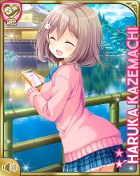 Rule 34 | 1girl, :d, blue bow, blue skirt, blush, bow, bowtie, brown hair, rabbit hair ornament, card (medium), cardigan, character name, day, closed eyes, girlfriend (kari), hair ornament, hairclip, kazemachi haruka, long sleeves, looking at viewer, official art, open mouth, outdoors, pink eyes, plaid, plaid skirt, pond, qp:flapper, school uniform, short hair, skirt, smile, solo, standing, tagme, tareme, temple, treble clef