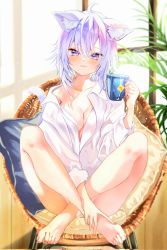 Rule 34 | 1girl, :3, ahoge, animal ear fluff, animal ears, barefoot, blush, breasts, cat ears, cat girl, cat tail, chururun0u0, cleavage, closed mouth, crossed ankles, crossed bangs, cup, highres, holding, holding cup, hololive, long hair, long sleeves, medium breasts, naked shirt, nekomata okayu, nekomata okayu (oversized shirt), on chair, purple hair, shirt, sitting, solo, tail, virtual youtuber