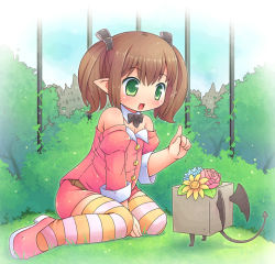 Rule 34 | 10s, 1girl, :d, bad id, bad pixiv id, bare shoulders, belt, blush, brown hair, demon tail, demon wings, detached sleeves, final fantasy, final fantasy xiv, flower, green eyes, hair ribbon, index finger raised, lalafell, mary janes, miniskirt, mizuno mumomo, nature, open mouth, pointy ears, ribbon, shoes, short hair, sitting, skirt, smile, solo, square enix, striped clothes, striped thighhighs, tail, thighhighs, twintails, wariza, warrior of light (ff14), wings, zettai ryouiki