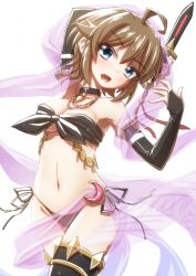 Rule 34 | 1girl, akazukin (mary skelter), alternate costume, bare shoulders, black neckwear, blue eyes, blush, brown hair, choker, dagger, hair ornament, knife, looking at viewer, mary skelter, mizunashi (second run), navel, open mouth, short hair, solo, weapon