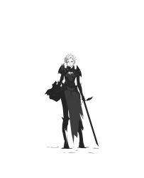 Rule 34 | 1girl, absurdres, armor, closed mouth, commentary request, full body, greyscale, highres, holding, holding sword, holding weapon, looking at viewer, monochrome, nicporim, original, short hair, simple background, solo, standing, sword, weapon, white background