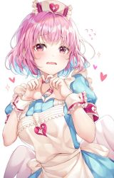 Rule 34 | 1girl, apron, armband, blue dress, blue hair, blush, breasts, dress, embarrassed, fang, flying sweatdrops, hands up, hat, heart, heart hands, heart print, highres, idolmaster, idolmaster cinderella girls, looking at viewer, medium breasts, multicolored hair, nurse cap, open mouth, pink hair, r o ha, red eyes, short hair, short sleeves, simple background, solo, two-tone hair, upper body, wavy mouth, white apron, white background, wings, wrist cuffs, yumemi riamu