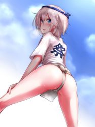 Rule 34 | 10s, 1girl, anastasia (idolmaster), ass, blue eyes, blush, from behind, fundoshi, hands on own thighs, headband, heavy breathing, idolmaster, idolmaster cinderella girls, japanese clothes, kneepits, legs, legs apart, looking back, mizu happi, open mouth, short hair, silver hair, smile, solo, spread legs, standing, sweat, tango (tn500)