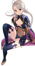 Rule 34 | 1girl, absurdres, alternate costume, blue cape, blue panties, bodystocking, braid, bridal gauntlets, cape, closed mouth, commission, commissioner upload, cosplay, covered navel, dark mage (fire emblem fates), fire emblem, fire emblem fates, grey eyes, haru (nakajou-28), highres, lone nape hair, looking at viewer, low twin braids, low twintails, nina (fire emblem), nintendo, non-web source, nyx (fire emblem), nyx (fire emblem) (cosplay), panties, parted bangs, revealing clothes, sitting, skeb commission, skin tight, solo, thighhighs, toeless footwear, turtleneck, twin braids, twintails, two-tone legwear, underwear, white background