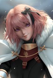 Rule 34 | 1boy, absurdres, armor, astolfo (fate), black bow, bow, chuby mi, cloak, commentary, english commentary, fang, fang out, fate/grand order, fate (series), fur-trimmed cloak, fur trim, gorget, hair bow, hair intakes, highres, lips, looking at viewer, male focus, nose, pink hair, portrait, purple eyes, realistic, short hair, solo, white cloak