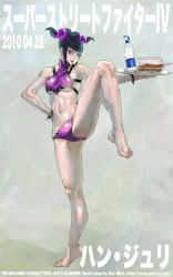 Rule 34 | 1girl, abs, bare shoulders, barefoot, black hair, bottle, bracelet, corn dog, daichan mona, drill hair, fighting stance, food, full body, halterneck, halterneck, han juri, highres, jewelry, looking at viewer, midriff, navel, purple eyes, solo, spiked bracelet, spikes, street fighter, street fighter iv (series), swimsuit, toned, tray, twin drills, water, water bottle