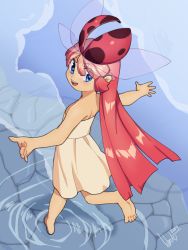 Rule 34 | 1girl, barefoot, bug, dress, flat chest, hair ornament, head wings, bug, insect wings, ladybug, lilirulu, long hair, original, outstretched arms, personification, red hair, running, solo, strapless, strapless dress, very long hair, walking, walking on liquid, water, wings