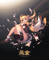Rule 34 | 1girl, ass, bare legs, blonde hair, bobby socks, dress, falling, green eyes, kkuem, korean text, mary janes, ofuda, open mouth, original, puffy sleeves, shoes, smile, socks, solo, talisman, thighs, twintails, wide sleeves