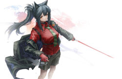 Rule 34 | 1girl, absurdres, animal ears, arknights, belt, between fingers, black coat, black hair, black shorts, breasts, cigarette, closed mouth, coat, collared shirt, feet out of frame, franlol, gloves, green necktie, highres, holding, holding cigarette, holding sword, holding weapon, long hair, looking at viewer, medium breasts, multicolored background, necktie, off shoulder, official alternate costume, open clothes, open coat, orange eyes, ponytail, red gloves, red shirt, shirt, shorts, sidelocks, solo, standing, sword, texas (arknights), texas (willpower) (arknights), underbust, weapon, wolf ears