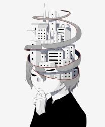 Rule 34 | 1boy, avogado6, black shirt, building, city, closed mouth, colored skin, closed eyes, grey hair, hand on own chin, highres, male focus, original, shirt, simple background, skyscraper, solo, symbolism, thinking, upper body, white background, white skin