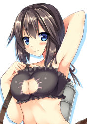 Rule 34 | 10s, 1girl, arm behind head, armpits, backpack, bad id, bad nicoseiga id, bag, bell, black hair, blue eyes, blush, breasts, carrying, cat cutout, cat lingerie, choker, cleavage, cleavage cutout, clothing cutout, hayasui (kancolle), holding, holding behind back, jingle bell, kantai collection, meme attire, navel, neck bell, ryokushiki (midori-ya), short hair, smile, solo, upper body