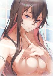 Rule 34 | 1girl, bare shoulders, blue eyes, blush, breast lift, breasts, brown hair, cleavage, closed mouth, commentary request, covering nipples, covering privates, eyeshadow, granblue fantasy, hair between eyes, highres, index finger raised, kakage, large breasts, long hair, makeup, multicolored hair, nude, pink hair, rosetta (granblue fantasy), selfie, sidelocks, smile, solo, two-tone hair, unaligned breasts, upper body, wet