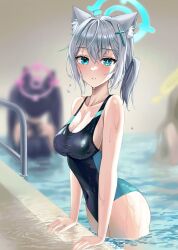Rule 34 | 3girls, absurdres, animal ear fluff, animal ears, black hair, black one-piece swimsuit, blonde hair, blue archive, blue halo, commentary, competition swimsuit, cross, cross hair ornament, extra ears, hair ornament, halo, highleg, highleg swimsuit, highres, illust sucong, inverted cross, low ponytail, mismatched pupils, multicolored clothes, multicolored swimsuit, multiple girls, nonomi (blue archive), nonomi (swimsuit) (blue archive), official alternate costume, one-piece swimsuit, pool, poolside, school swimsuit, serika (blue archive), serika (swimsuit) (blue archive), shiroko (blue archive), shiroko (swimsuit) (blue archive), solo focus, swimsuit, twintails, two-tone swimsuit, wet, wet clothes, wet swimsuit, wolf ears