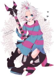 Rule 34 | 10s, 1girl, :d, bass guitar, between legs, black legwear, blue eyes, blush, boots, character name, creatures (company), dress, electric guitar, fangs, fingernails, flat chest, freckles, full body, game freak, garo (artist), guitar, gym leader, hair bobbles, hair ornament, heart, holding, instrument, knee boots, leaning forward, long sleeves, looking away, nail polish, nintendo, off shoulder, open mouth, platform footwear, pokemon, pokemon bw2, profile, roxie (pokemon), shirt, short dress, short hair, sleeves past wrists, smile, solo, spiked hair, standing, striped clothes, striped dress, striped shirt, topknot, torn clothes, torn dress, white background, white hair, wide sleeves, wreath