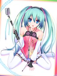 Rule 34 | 1girl, :p, blue eyes, boots, colorized, detached sleeves, fingerless gloves, freely tomorrow (vocaloid), gloves, green hair, hatsune miku, headset, highres, k-asul, long hair, looking at viewer, microphone, microphone stand, musical note, necktie, project diva (series), project diva f, sitting, skirt, solo, thigh boots, thighhighs, tongue, tongue out, twintails, very long hair, vocaloid, wariza, white thighhighs