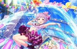 Rule 34 | 10s, 1girl, belt, boots, bracelet, character name, day, heart, heart tattoo, high heel boots, high heels, idolmaster, idolmaster cinderella girls, idolmaster cinderella girls starlight stage, jewelry, koshimizu sachiko, microphone, music, necklace, official art, outdoors, palm tree, purple hair, short hair, singing, tattoo, tree