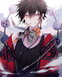 Rule 34 | 1boy, black hair, black shirt, chromatic aberration, cloud, commentary, dango, ear piercing, earrings, food, glitch, grin, hair between eyes, highres, jacket, jewelry, looking at viewer, male focus, mouth hold, muon, necklace, original, pearl necklace, piercing, red jacket, scarf, shirt, short hair, signature, smile, solo, standing, tank top, teeth, upper body, wagashi, yellow eyes