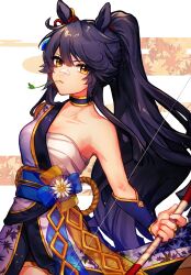 Rule 34 | 1girl, animal ears, armpits, bandaid, bandaid on face, bandaid on nose, bare shoulders, black choker, black hair, bow (weapon), breasts, chan maya, chest sarashi, choker, closed mouth, cloud, commentary request, ear ornament, egasumi, hair between eyes, highres, horse ears, horse girl, horse tail, japanese clothes, kimono, long hair, looking at viewer, medium breasts, mouth hold, narita brian (heavenly laughter kaburaya) (umamusume), narita brian (umamusume), official alternate costume, ponytail, sarashi, simple background, solo, stalk in mouth, tail, umamusume, upper body, very long hair, weapon, white background, yellow eyes