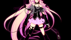 Rule 34 | 1girl, bare shoulders, boots, braid, grin, gundamgp03d, head out of frame, highres, ia (vocaloid), long hair, looking at viewer, microphone, microphone stand, off shoulder, out-of-frame censoring, pink hair, single thighhigh, skirt, smile, solo, thigh strap, thighhighs, torn clothes, torn thighhighs, twin braids, very long hair, vocaloid