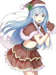 Rule 34 | 1girl, aquna, belt, black belt, blue hair, blush, bow, breasts, capelet, carrying, cleavage, cowboy shot, frilled skirt, frills, fur-trimmed capelet, fur-trimmed gloves, fur trim, gloves, green eyes, hat, holly, layered skirt, light blue hair, long hair, looking at viewer, medium breasts, midriff, open mouth, original, red capelet, red gloves, red hat, red shirt, red skirt, sack, santa costume, santa gloves, santa hat, shirt, sidelocks, simple background, skirt, smile, solo, standing, white background, white bow