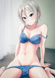 Rule 34 | 1girl, absurdres, arm support, bare legs, bare shoulders, barefoot, black eyes, blue bra, blue panties, blush, bra, breasts, cleavage, collarbone, curtains, cyde, floral print, grey hair, groin, hair between eyes, highres, idolmaster, idolmaster cinderella girls, indoors, lace, lace-trimmed bra, lace-trimmed panties, lace trim, navel, on floor, panties, panty pull, see-through, shiomi syuko, short hair, sitting, small breasts, smile, solo, strap slip, underwear, underwear only, wariza