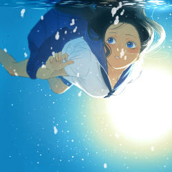 1girl air_bubble ajimita backlighting black_hair blue_eyes breath bubble female_focus floating_hair holding_breath long_hair original school_uniform serafuku solo submerged swimming underwater