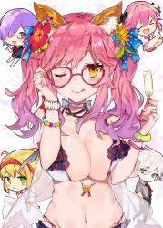 Rule 34 | &gt; &lt;, 2boys, 3girls, :&gt;, :d, :q, absurdres, ahoge, alternate costume, animal ear fluff, animal ears, astolfo (fate), astolfo (sailor paladin) (fate), bikini, blush, bracelet, breasts, breasts squeezed together, chibi, choker, collared shirt, commentary request, fate/grand order, fate (series), fingernails, flower, food, fox ears, gradient hair, green eyes, grey shirt, hair between eyes, hair flower, hair ornament, hairband, highres, jewelry, karna (fate), large breasts, looking at viewer, mash kyrielight, multicolored hair, multiple boys, multiple girls, nail polish, nana kagura, navel, neckerchief, necklace, necktie, nero claudius (fate), nero claudius (fate) (all), nero claudius (fate/extra), nero claudius (olympian bloomers) (fate), official alternate costume, one eye closed, open mouth, orange eyes, pink hair, pink skirt, pleated skirt, popsicle, purple eyes, purple hair, red-framed eyewear, red flower, red nails, red neckwear, school uniform, serafuku, shell, shell necklace, shirt, short sleeves, skirt, smile, solo focus, streaked hair, swimsuit, tamamo (fate), tamamo no mae (fate/extra), tongue, tongue out, trap, twintails, white bikini, white hair, white shirt, wing collar