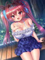 Rule 34 | 1girl, bare shoulders, bead bracelet, beads, blue skirt, blush, bow, bracelet, breasts, brown hair, cleavage, collarbone, cowboy shot, crossed bangs, daiwa scarlet (umamusume), fang, hair bow, hair intakes, hair ornament, hand on own chest, jewelry, large breasts, long hair, looking at viewer, open mouth, outdoors, red bow, red eyes, sitting, skirt, smile, solo, takeponi, thighs, tiara, twintails, umamusume
