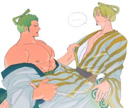 Rule 34 | 2boys, bara, bare pectorals, blonde hair, couple, curly eyebrows, eye contact, facial hair, from side, goatee, green hair, hair over one eye, highres, japanese clothes, kimono, large hands, large pectorals, looking at another, male focus, multiple boys, muscular, muscular male, nipples, official alternate costume, official alternate hairstyle, one piece, pectorals, profile, roronoa zoro, sanji (one piece), scar, scar across eye, short hair, sitting, sitting on lap, sitting on person, sweetdou3, topknot, white kimono, yaoi, yellow kimono