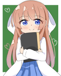 Rule 34 | 1girl, blue eyes, blue skirt, blush, bow, brown hair, closed mouth, commentary request, green background, hair bow, highres, kapuru 0410, lab coat, long hair, long sleeves, looking at viewer, hugging object, open clothes, pleated skirt, puffy long sleeves, puffy sleeves, shouko-sensei!, skirt, smile, solo, two-tone background, very long hair, white background, white bow, yoshida shouko