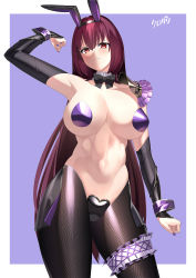 Rule 34 | 1girl, absurdres, animal ears, breasts, collarbone, detached collar, detached sleeves, fake animal ears, fate/grand order, fate (series), hair between eyes, highres, kurozawa yui, large breasts, long hair, looking at viewer, maebari, meme attire, nail polish, navel, pasties, purple hair, rabbit ears, red eyes, revealing clothes, reverse bunnysuit, reverse outfit, scathach (fate), thighs, wrist cuffs