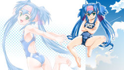 Rule 34 | 1girl, armpits, arms behind back, ass, back, barefoot, blue hair, blush, child, competition swimsuit, crossed arms, eyebrows, feet, flat chest, from behind, green eyes, happy, head tilt, headband, highres, klan klein, leg lift, long hair, looking back, macross, macross frontier, maira gen, meltrandi, multiple views, one-piece swimsuit, pointy ears, quad tails, school swimsuit, short twintails, smile, soles, splashing, spread legs, swimsuit, twintails, very long hair, wallpaper, water, zentradi, zoom layer