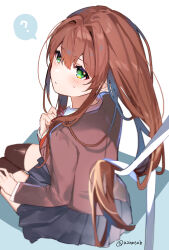 Rule 34 | 1girl, ?, absurdres, azna, black skirt, black thighhighs, breasts, brown hair, brown jacket, closed mouth, commentary request, doki doki literature club, green eyes, hair between eyes, hair down, hair ribbon, highres, jacket, long hair, long sleeves, looking at viewer, looking back, medium breasts, monika (doki doki literature club), partial commentary, pleated skirt, ribbon, school uniform, simple background, sitting, skirt, solo, spoken question mark, sweat, thighhighs, twitter username, white ribbon