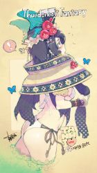 Rule 34 | !, 1girl, bikini, black hair, blush, breasts, bug, butterfly, butterfly hair ornament, character name, commentary, copyright name, cowboy shot, cropped legs, dan fei, flower, from side, hair flower, hair ornament, highres, bug, large breasts, long hair, looking at viewer, micro bikini, namaniku atk, parted lips, purple eyes, signature, simple background, solo, swimsuit, thunderbolt fantasy, white bikini