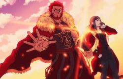 Rule 34 | 2boys, armor, beard, breastplate, cape, cleavage cutout, clothing cutout, danzen, facial hair, fate/grand order, fate/zero, fate (series), feet out of frame, from below, fur-trimmed cape, fur trim, iskandar (fate), leather, long hair, lord el-melloi ii, male focus, mature male, multiple boys, muscular, muscular male, open hand, red eyes, red hair, short hair, smile, smoking, sunlight, waver velvet