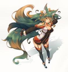 Rule 34 | 1girl, animal ear fluff, animal ears, breasts, brown hair, cleavage, fingerless gloves, floating hair, full body, garter straps, gloves, green eyes, green hair, kuromiya, kuromiya raika, long hair, long sleeves, matching hair/eyes, multicolored hair, original, smile, solo, tail, thighhighs, two-tone hair
