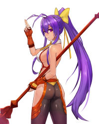 Rule 34 | 1girl, absurdres, antenna hair, arm up, ass, backless outfit, bare shoulders, black pants, blazblue, blazblue: central fiction, bow, breasts, chinese commentary, closed mouth, commentary request, fingerless gloves, from behind, gloves, hair between eyes, hair bow, halterneck, highres, hip vent, holding, holding polearm, holding spear, holding weapon, huitu xigai, large breasts, long hair, looking at viewer, looking back, mai natsume, no bra, orange gloves, outseal, pants, polearm, ponytail, purple eyes, purple hair, salute, shiny clothes, sideboob, sidelocks, simple background, smile, solo, spear, standing, tight clothes, tight pants, twisted torso, two-finger salute, very long hair, weapon, white background, yellow bow