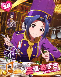 Rule 34 | &gt;:), 10s, 2girls, ahoge, beamed quavers, blue hair, card (medium), character name, character signature, cooking, idolmaster, idolmaster (classic), idolmaster million live!, miura azusa, multiple girls, musical note, official art, shijou takane, short hair, signature, smile, solo focus, v-shaped eyebrows