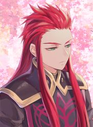 Rule 34 | 1boy, asch (tales), closed mouth, green eyes, half-closed eyes, isa (peien516), long hair, male focus, pink background, red hair, solo, spiked hair, tales of (series), tales of the abyss