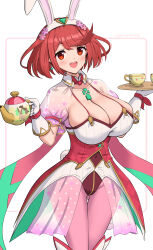 Rule 34 | 1girl, :d, absurdres, adapted costume, animal ears, breasts, chest jewel, cleavage, collarbone, corset, covered navel, cup, dangle earrings, earrings, gloves, gluteal fold, gonzarez, highres, jewelry, large breasts, looking at viewer, open mouth, pantyhose, pink pantyhose, pyra (xenoblade), rabbit ears, rabbit tail, red eyes, red hair, see-through, see-through skirt, see-through sleeves, short hair, simple background, skindentation, skirt, smile, spaghetti strap, star (symbol), star print, swept bangs, tail, tea set, teacup, teapot, thigh gap, tiara, xenoblade chronicles (series), xenoblade chronicles 2
