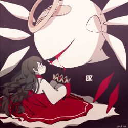 Rule 34 | 1girl, 1other, bandaid, black hair, blood, bloody tears, braid, character name, crown, dark background, dress, freckles, glasses, halo, holding, holding crown, jimiko, kirby (series), kirby 64, long dress, looking at another, low twin braids, lowres, midooka (o k k), nintendo, pale skin, queen, ripple star queen, round eyewear, signature, simple background, sleeves past fingers, sleeves past wrists, tareme, twin braids, very long sleeves, wings, zero two (kirby)