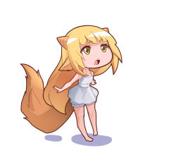 Rule 34 | 1girl, animal ears, bare arms, bare legs, bare shoulders, barefoot, blonde hair, chibi, dress, fox tail, full body, goat ears, goat horns, highres, horns, long hair, niseoto, open mouth, original, pointy ears, simple background, solo, tail, very long hair, white background, white dress, yellow eyes