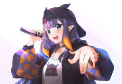 Rule 34 | 1girl, :d, \||/, alternate costume, backwards hat, baseball cap, blunt bangs, blush, choker, collarbone, fang, hat, highres, holding, holding microphone, hololive, hololive english, hood, hoodie, long hair, long sleeves, looking at viewer, microphone, mole, mole under eye, ninomae ina&#039;nis, open mouth, pointy ears, polka dot sleeves, puffy long sleeves, puffy sleeves, purple choker, purple eyes, purple hair, purple hoodie, rapping, shirt, sidelocks, simple background, sleeve cuffs, smile, solo, sunglasses, t-shirt, tallgeese (lgeesel), tareme, teeth, tentacle hair, upper body, upper teeth only, very long hair, virtual youtuber, white background, white shirt