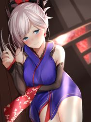 Rule 34 | 1girl, blue eyes, blurry, blush, breasts, depth of field, detached sleeves, earrings, fate/grand order, fate (series), highres, japanese clothes, jewelry, large breasts, long hair, looking at viewer, lying, maosame, miyamoto musashi (fate), miyamoto musashi (first ascension) (fate), on side, ponytail, smile, solo, thighhighs, wooden floor