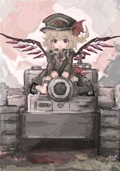 Rule 34 | 1girl, absurdres, blonde hair, crystal, flandre scarlet, full body, hat, hat ribbon, hatut, highres, military uniform, military vehicle, motor vehicle, open mouth, red eyes, ribbon, tank, tiger i, touhou, uniform, weapon request