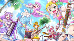 Rule 34 | 5girls, amplifier, arm up, artist name, bass guitar, beach, blue eyes, blue sky, bow, bracelet, cloud, cloudy sky, commentary request, cure coral, cure flamingo, cure papaya, cure summer, dated, day, dress, drum, drum set, drumsticks, dutch angle, earrings, electric guitar, fingerless gloves, gloves, green eyes, grin, guitar, hair bow, hair ornament, hair pulled back, hakama, hat, high ponytail, highres, holding, holding drumsticks, holding instrument, holding microphone, horizon, ichinose minori, instrument, japanese clothes, jewelry, keytar, laura (precure), leaning forward, long hair, looking at viewer, low twintails, magical girl, mermaid, microphone, midriff, monster girl, multicolored eyes, multiple girls, music, natsuumi manatsu, navel, ocean, open mouth, orange hair, outdoors, palm tree, partial commentary, pink bow, pink eyes, playing instrument, precure, purple dress, purple eyes, purple hair, red hakama, red shirt, satou yasu, shirt, short dress, side ponytail, signature, singing, sitting, skirt, sky, smile, speaker, standing, sunlight, suzumura sango, takizawa asuka, tree, tropical-rouge! precure, twintails, very long hair, white gloves, white headwear, white shirt, white skirt, yellow bow, yellow dress, yellow eyes