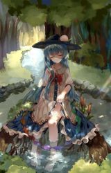 Rule 34 | 1girl, artist name, barefoot, blue hair, bow, cattail, clothes lift, dated, day, dress, closed eyes, facing viewer, food, forest, frills, fruit, hat, highres, hinanawi tenshi, leaf, lifting own clothes, ling mou, long hair, nature, no mouth, outdoors, peach, plant, puffy sleeves, red bow, rock, sitting, skirt, skirt lift, soaking feet, solo, sunlight, touhou, tree, water
